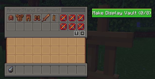 Armor stand equipment screen with the Make Display Vault (0/8) button