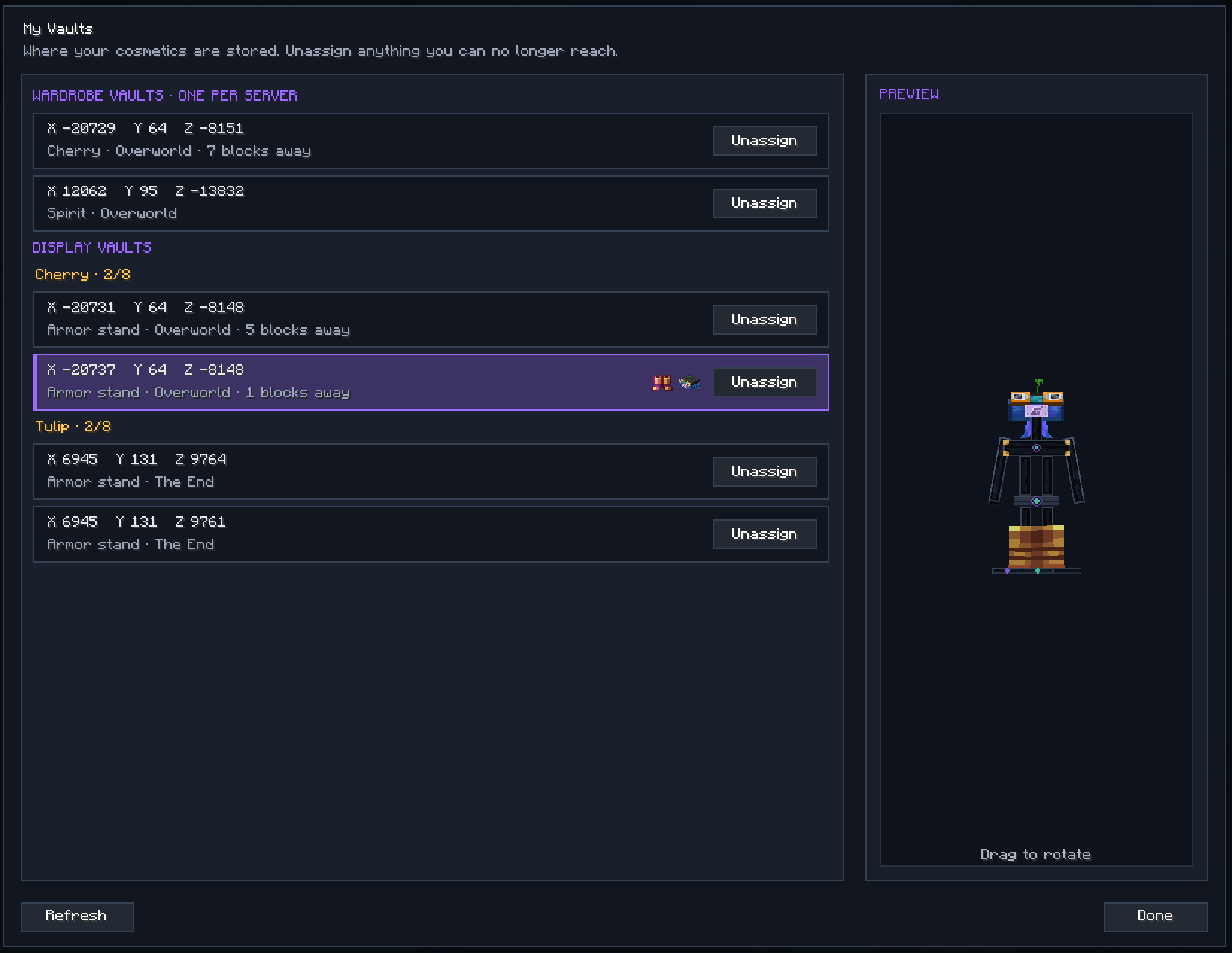 My Vaults screen listing Wardrobe Vaults and Display Vaults by server